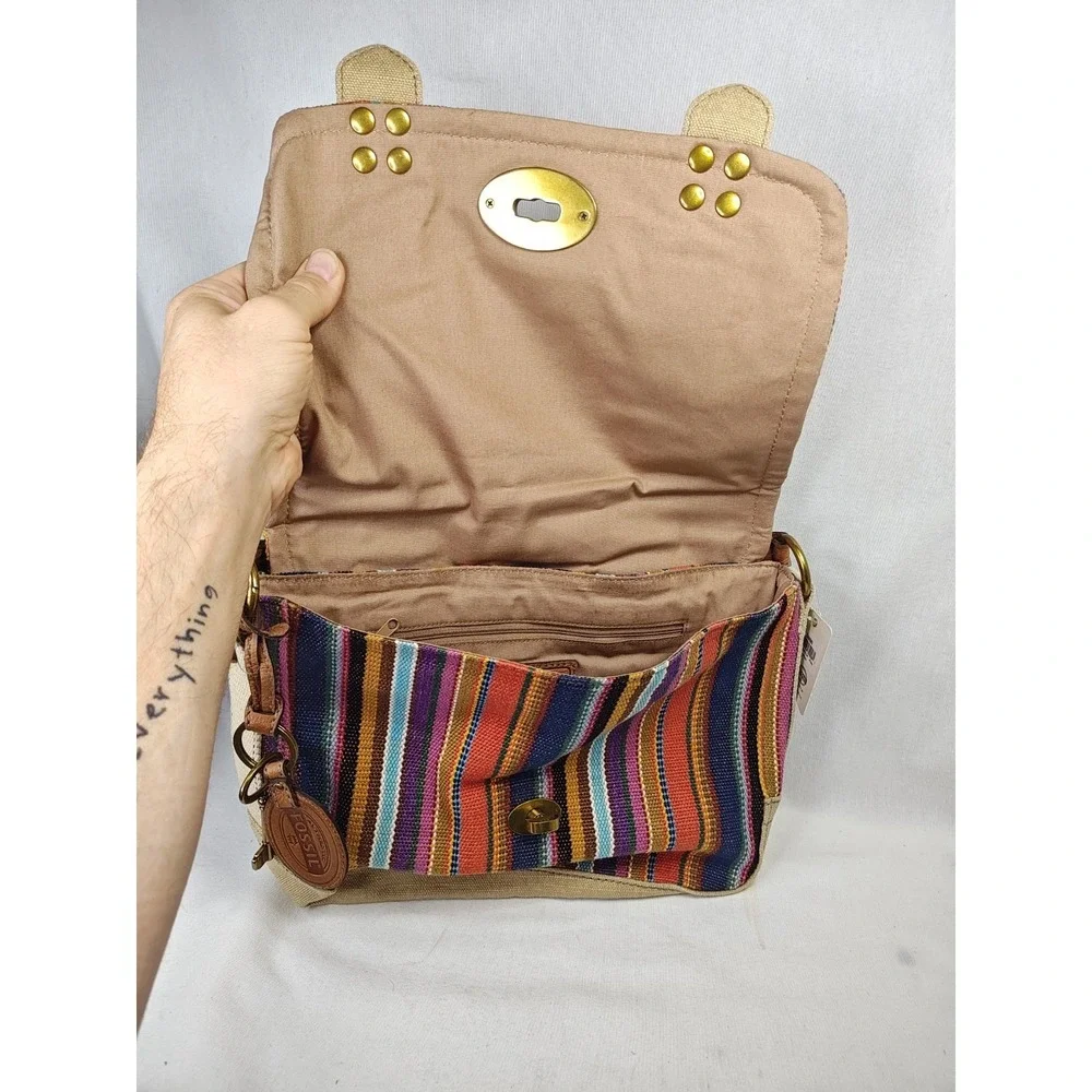 Fossil Grayson Flap‎ Stripe Crossbody Bag NWT Colorful Woven Canvas Leather